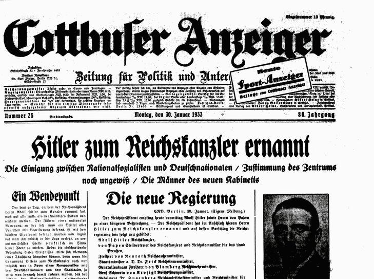 Cottbuser Anzeiger vom 30. Januar 1933. Quelle: Stadtarchiv Cottbus
