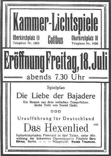 Werbung zur Eröffnung der Kammerlichtspiele im Cottbuser Anzeiger. Foto: Stadtarchiv Cottbus