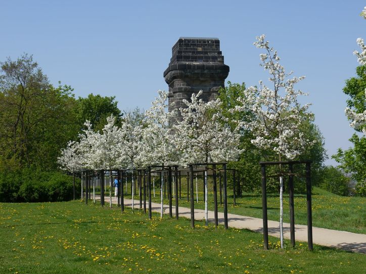 Bismarcksäule mit Apfelbaumallee im Frühling. Foto: ASA Cornelia Borkert