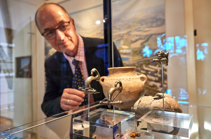 Zum Schmuckfund gehören u.a. ein Keramikgefäß mit Deckschale, zwei Vogelkopffibeln, eine Maskenfibel und ein kleiner Eisenring.