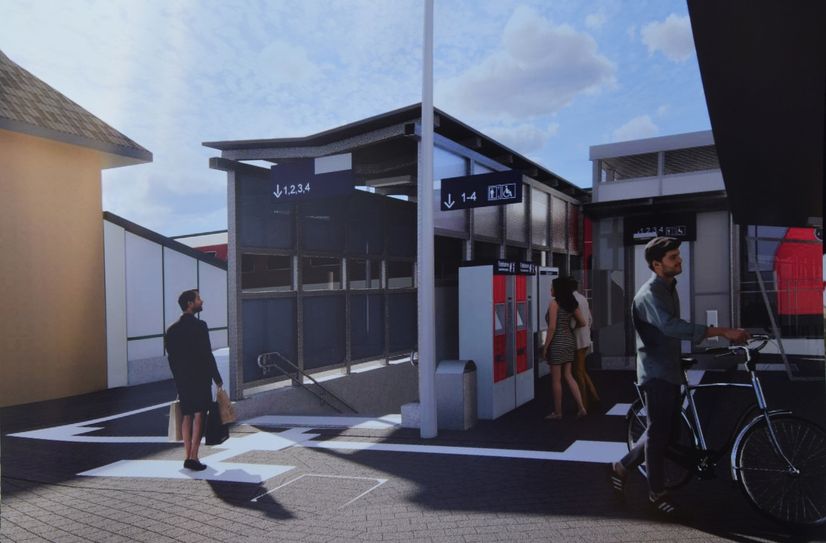 Ein animierter Film zeigte den Festbesuchern auf dem Bahnhofsvorplatz diese Zukunftsvision. Die neue Treppe in den Tunnel zu den Bahnsteigen wird ergänzt durch Fahrstühle.