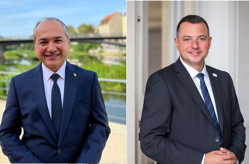 Der Görlitzer Oberbürgermeister Octavian Ursu und der Bautzener Landrat Udo Witschas.