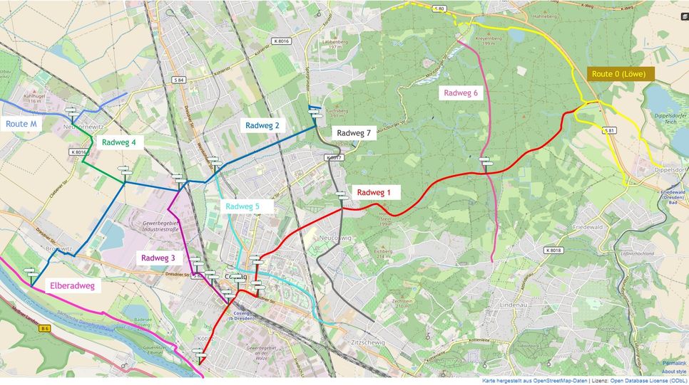 Plan der Coswiger Radrouten.