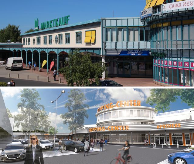 Vorher/Nachher: Oben sieht man das Einkaufzentrum, wie es momentan aussieht. Foto: Keil/Die Visualisierung unten zeigt, wie sich der Handelsimmobilien-Dienstleister CEV das Einkaufzentrum vorstellt. Statt „Shopping Center“ soll natürlich der Schriftzug „Neiße Park“ zu sehen sein. Visualisierung: CEV Handelsimmobilien GmbH
