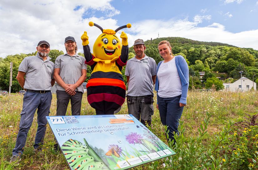 Stefanie Wieland (Sachgebiet Grünflächen und Umwelt, re.) und Familienmaskottchen »Carli« bei der Beschilderung der Wiese am Mühlenpark in Deuben. Vincenzo Panico (li.), Projektleiter Thorsten Mager (2. v. li.) und Andreas Berthold (4. v. li.) vom Förderverein BIOTEC e.V. haben die Schilder Anfang August installiert. Der Verein kümmert sich unter anderem auch um die regelmäßige Müllbeseitigung im Mühlenpark.