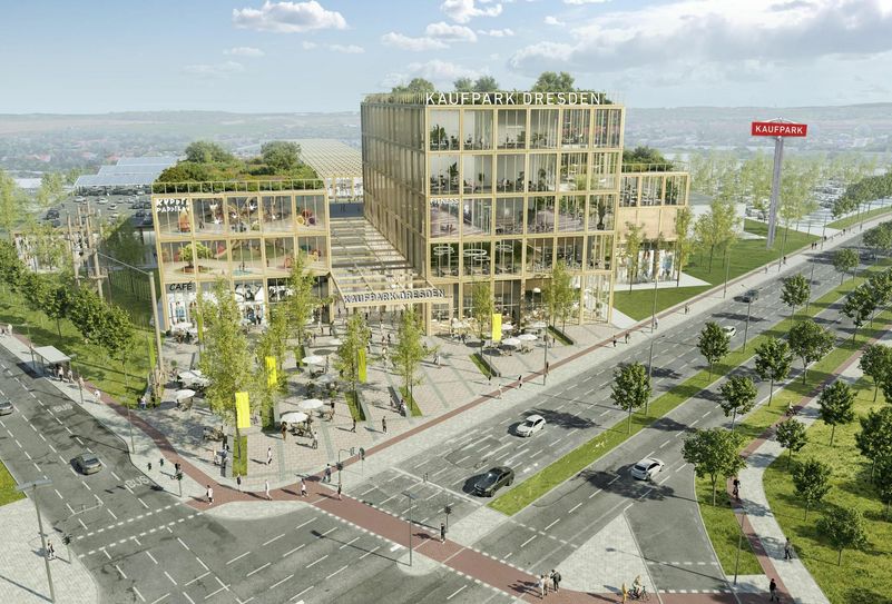 Blick auf die drei neuen Stadthäuser, die den ebenerdigen Eingang zum Kaufpark bilden werden. Visu: Maas&Partner Architekten mbB