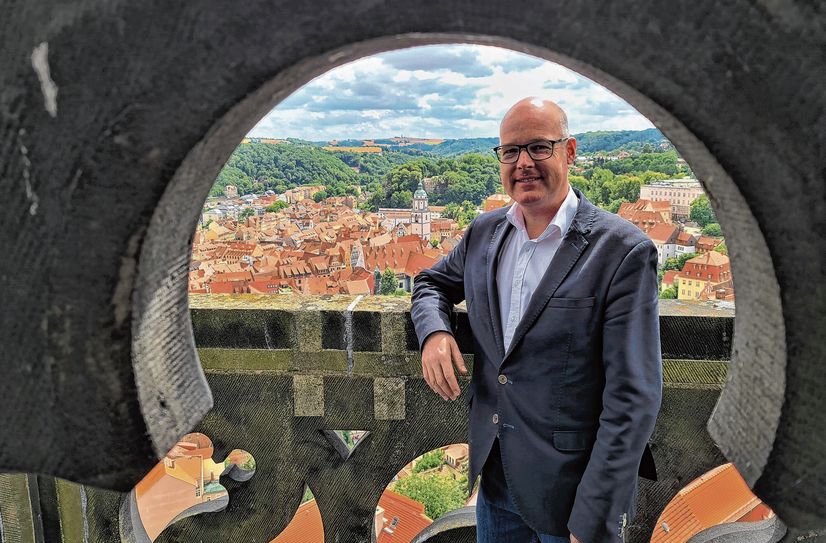 Preisträger Domkantor Thorsten Göbel auf dem Höckrigen Turm des Meißner Doms.