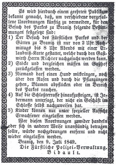 Ordnung im Park und im Theater - Parkordnung vom Sommer 1849 im Cottbuser Anzeiger. Abb.: Stadtarchiv Cottbus