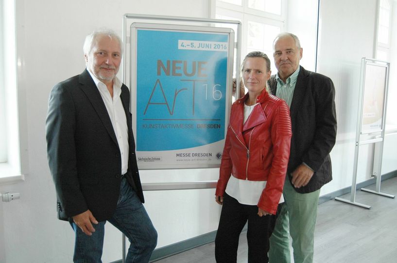 Ulrich Finger, Andrea Hilger von der Ostrale und Maler Fritz Wolf (v.l.) setzen auf die neue Kunstmesse. Fotos: Pohl