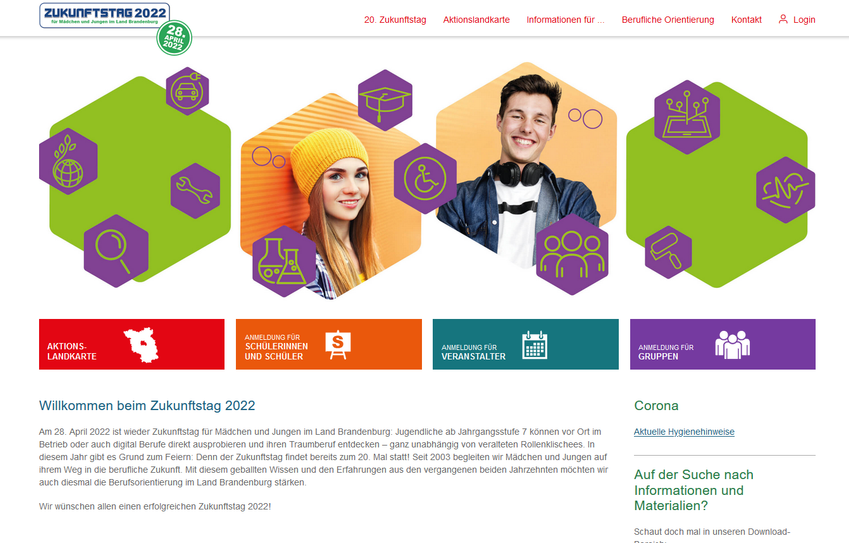 Blick auf die modernisierte Onlineplattform zukunftstagbrandenburg.de.
