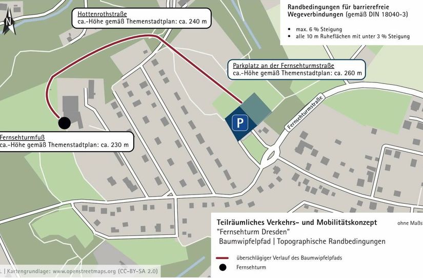 Die rote Linie zeigt, wo der der Baumwipfelpfad entlangführen soll. Das große "P" markiert Mobilitätszentrum mit Parkhaus.