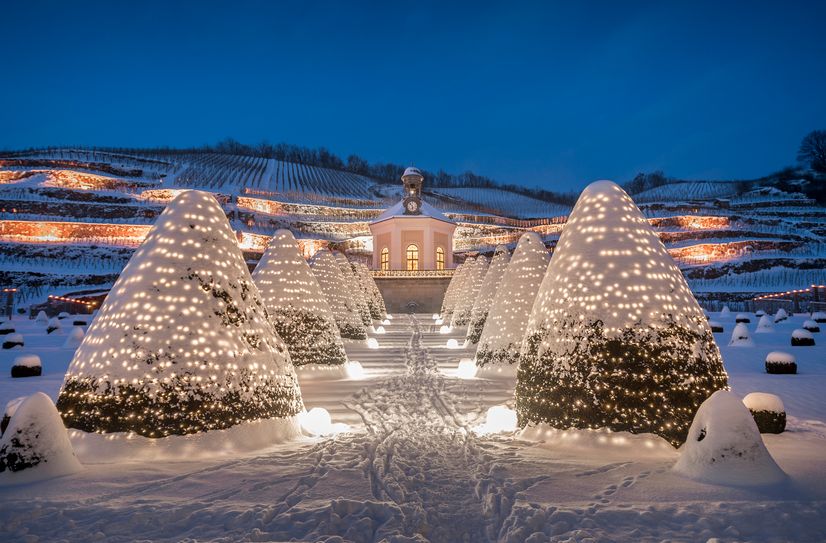 Stimmungsvolle weihnachtliche Beleuchtung auf Schloss Wackerbarth.