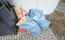 Papiermüll in Plastiktüten vor dem Container gestapelt.