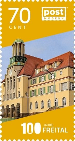 Briefmarke Motiv 3 – Rathaus Döhlen von Architekt Rudolf Bitzan. Hier wurde Freital 1921 gegründet.