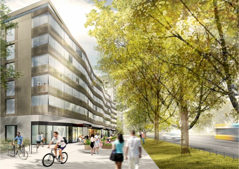 Geschwungene Linien und ein Laubengang als Lärmschutz vor den Wohnungstüren - so soll der WGJ-Neubau auf der Fetscherstraße aussehen. Visu: Leinert Lorenz Architekten