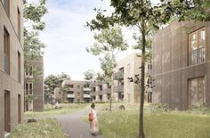 In zwei Bauabschnitten entstehen neun seriell vorgefertigte Gebäude in Holz-Hybrid-Bauweise.