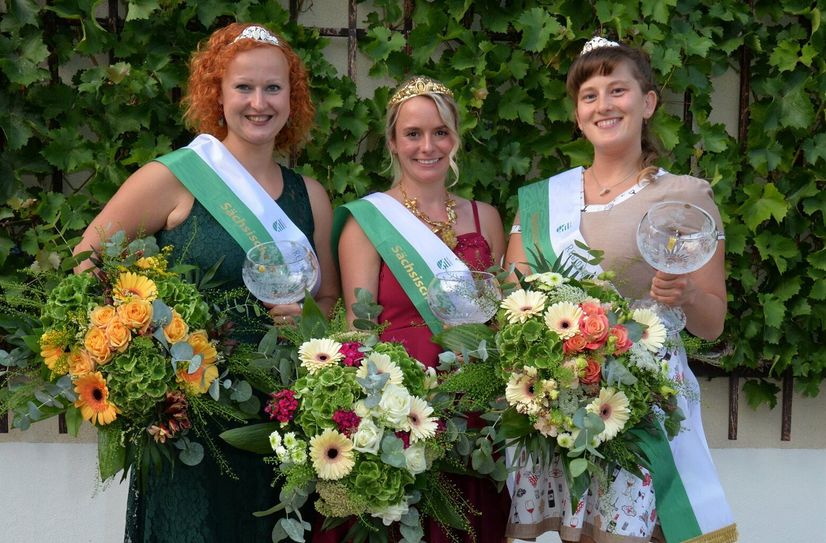 Sächsische Weinprinzessin Sabine Leonhardt, Sächsische Weinkönigin Sabrina Papperitz und Sächsische Weinprinzessin Stefanie Mühlbach (v.l.n.r.).