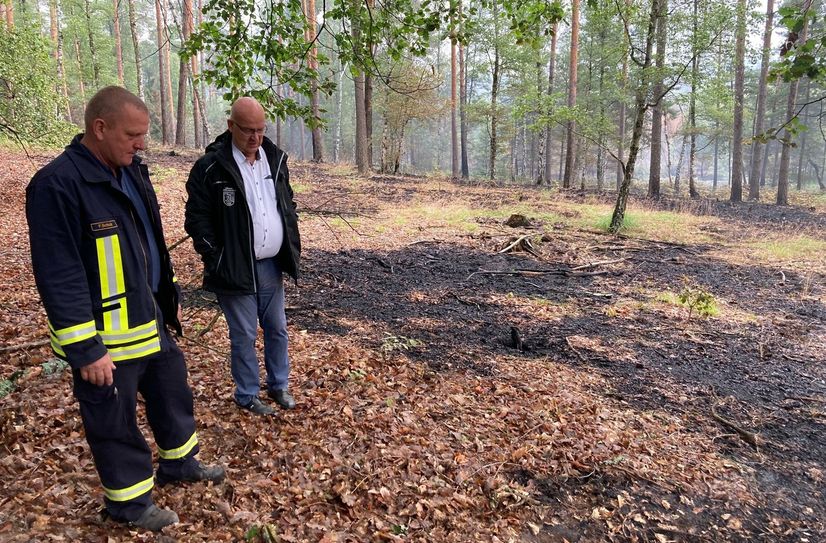 Landrat Stephan Loge (re.) schaute sich den Brandschaden in der Lieberoser Heide an.