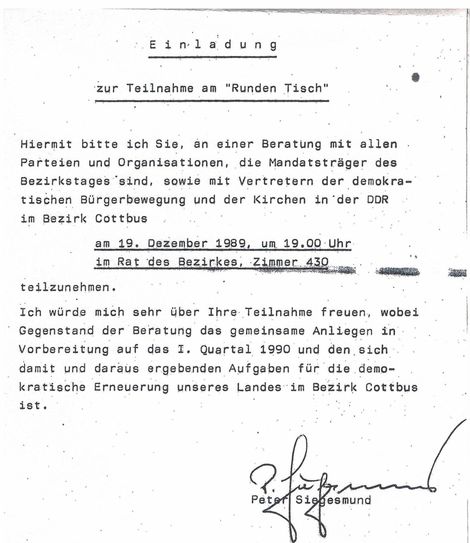 Einladung zur ersten Beratung des Runden Tisches im Bezirk Cottbus Foto: Stadtarchiv Cottbus