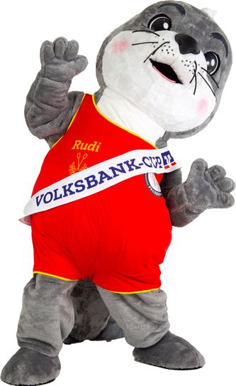 Volksbank-Robbe Rudi drückt allen Teilnehmern die Daumen.