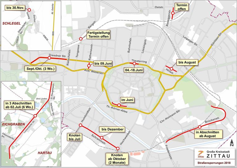 Übersicht über die Sperrungen im Stadtgebiet. Grafik: Stadtverwaltung Zittau