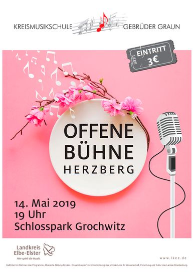 Das Plakat zur „Offenen Bühne“ Herzberg im Schlosspark Grochwitz. Quelle: Pressestelle Kreisverwaltung