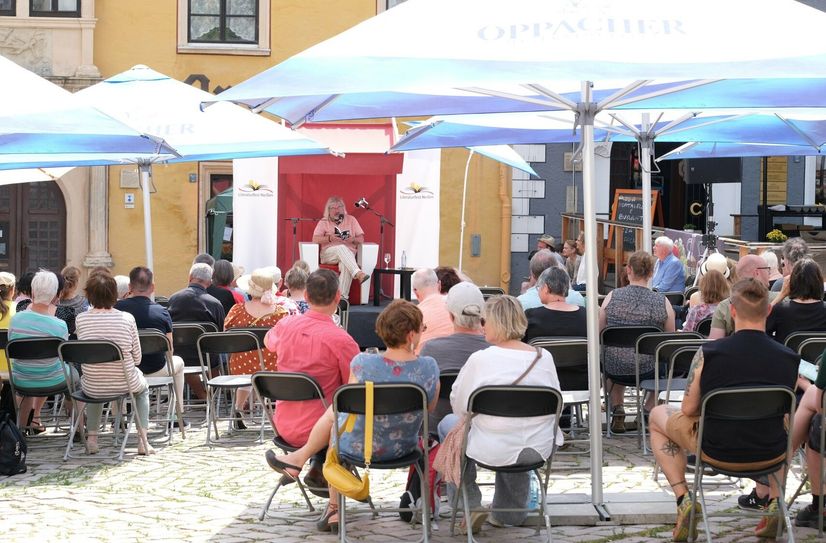 Lesung von Peter Braukmann bei einem der vergangenen Literaturfest auf dem Marktplatz.