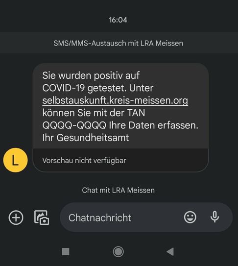 So Sieht die SMS vom Gesundheitsamt aus.