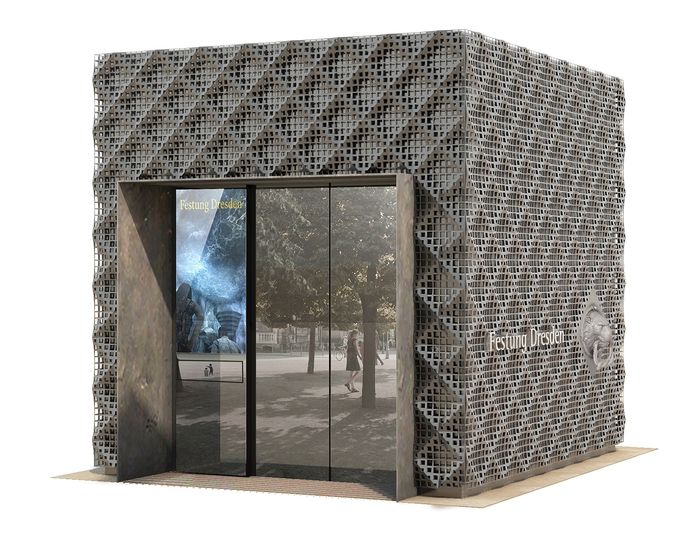 So soll der Aufzug (Ausstieg) aussehen, der auf der Brühlschen Terrasse nahe der "Zitronenpresse" stehen wird. Visu: Löwe Architektenbüro Raum und Bau GmbH