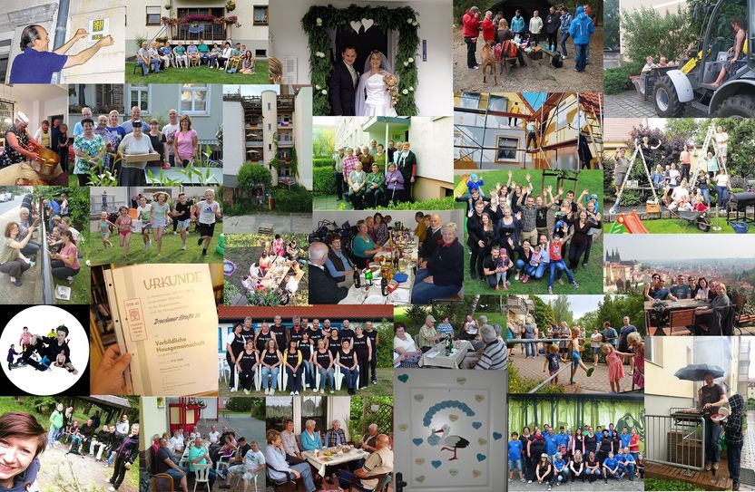 Diese kleine Collage zeigt, was  Hausgemeinschaften alles gemeinsam machen – die Palette reicht von Feiern und Zaun streichen bis zur Hochzeitsparty und der Feier der Geburt eines neuen Haus-Kindes.   (Montage: asc)