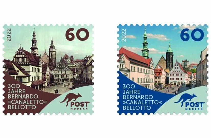 Der Pirnaer Marktplatz damals und heute - aus dem Briefmarkenbogen »300 Jahre Canaletto – Pirna«.