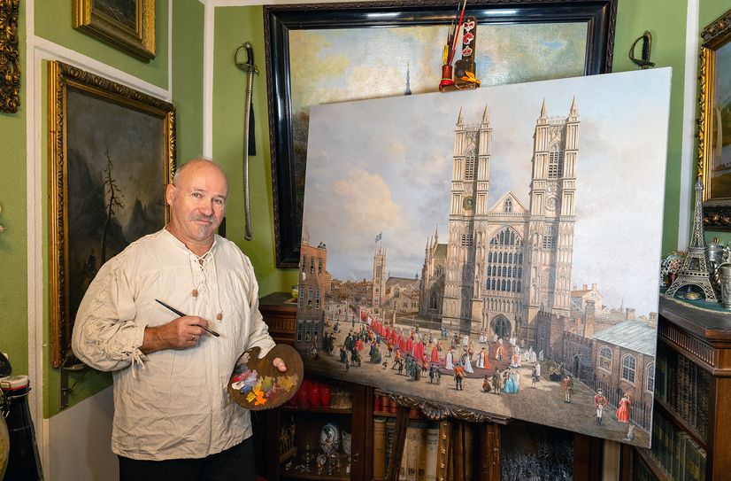 Roland Schwenke vor seinem neuesten Bild »Westminster Abbey«.