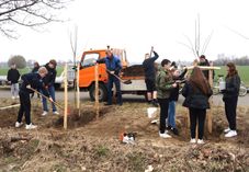Schüler der zehnten Klasse bei der Baumpflanzaktion am Burg-Werbener-Radweg; unterstützt wurden sie u. a. vom Werbener Bürgermeister Daniel Troppa (m.).