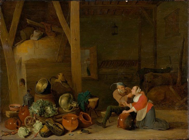 Ein Alter umarmt die Magd im Stall, 1649(?)
Öl auf Eichenholz, 47,5 x 64 cm