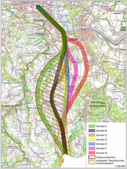 Gesamtdarstellung aller geprüften Trassenvorschläge. Nur der Volltunnel-Korridor (BI) und der Korridor G (DB) wurden als raumverträglich eingestuft. Grafik: LDS