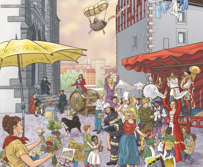 Das Plakat zum Altstadtfest hat sich von Jahr zu Jahr  mehr und mehr zu einem Wimmelbild der Görlitzer Stadtgeschichte entwickelt. Egal ob die Scharlatane auf der Bühne als langjährige Ikonen des Altstadtfestes, der Luftpaddler auf dem Weg zur zweiten internationalen Waschtrog-Regatta oder der hilfreiche Feuerwehrmann, der für das 120-jährige Jubiläum der Görlitzer Berufsfeuerwehr steht, auf dem Plakat gibt es viel zu entdecken. Bild: GKSG/ Dietmar Krüger