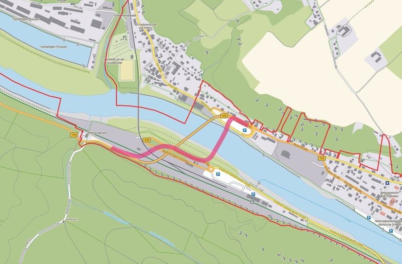 Die Vorzugsvariante (rot) der neuen Behelfsbrücke in Bad Schandau.