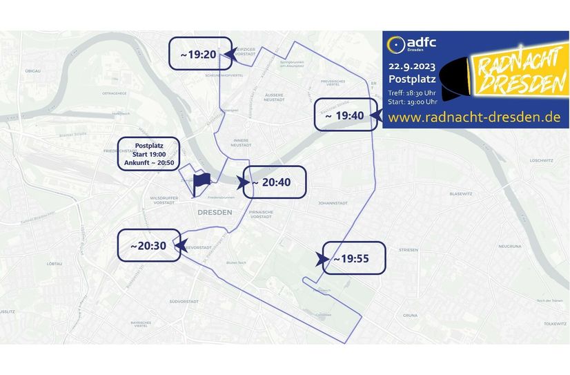 Route der Radnacht mit den jeweiligen Ankunftszeiten.