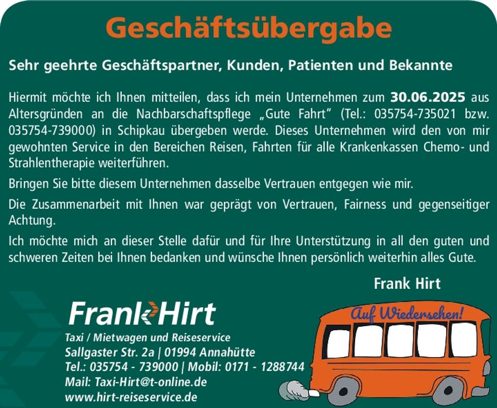 Geschäftsaufgabe Reise Hirt