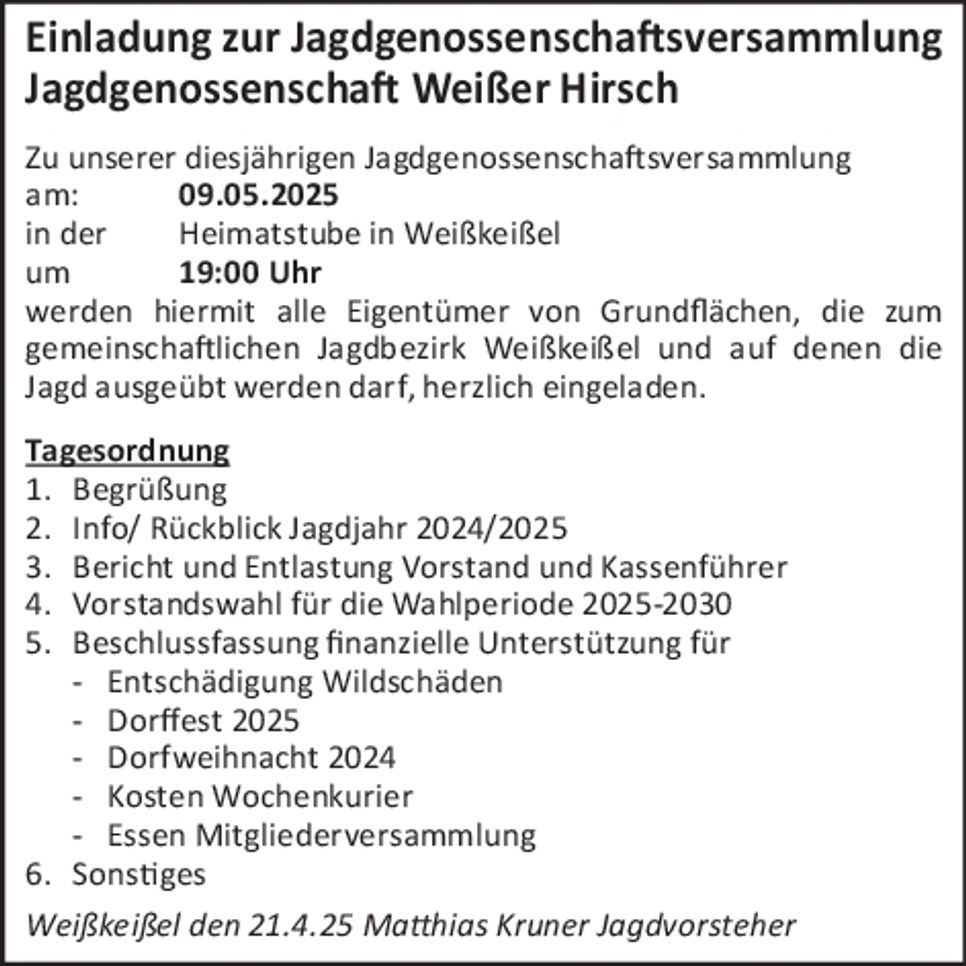 Einladung zurJagdgenossenschaftvers.
