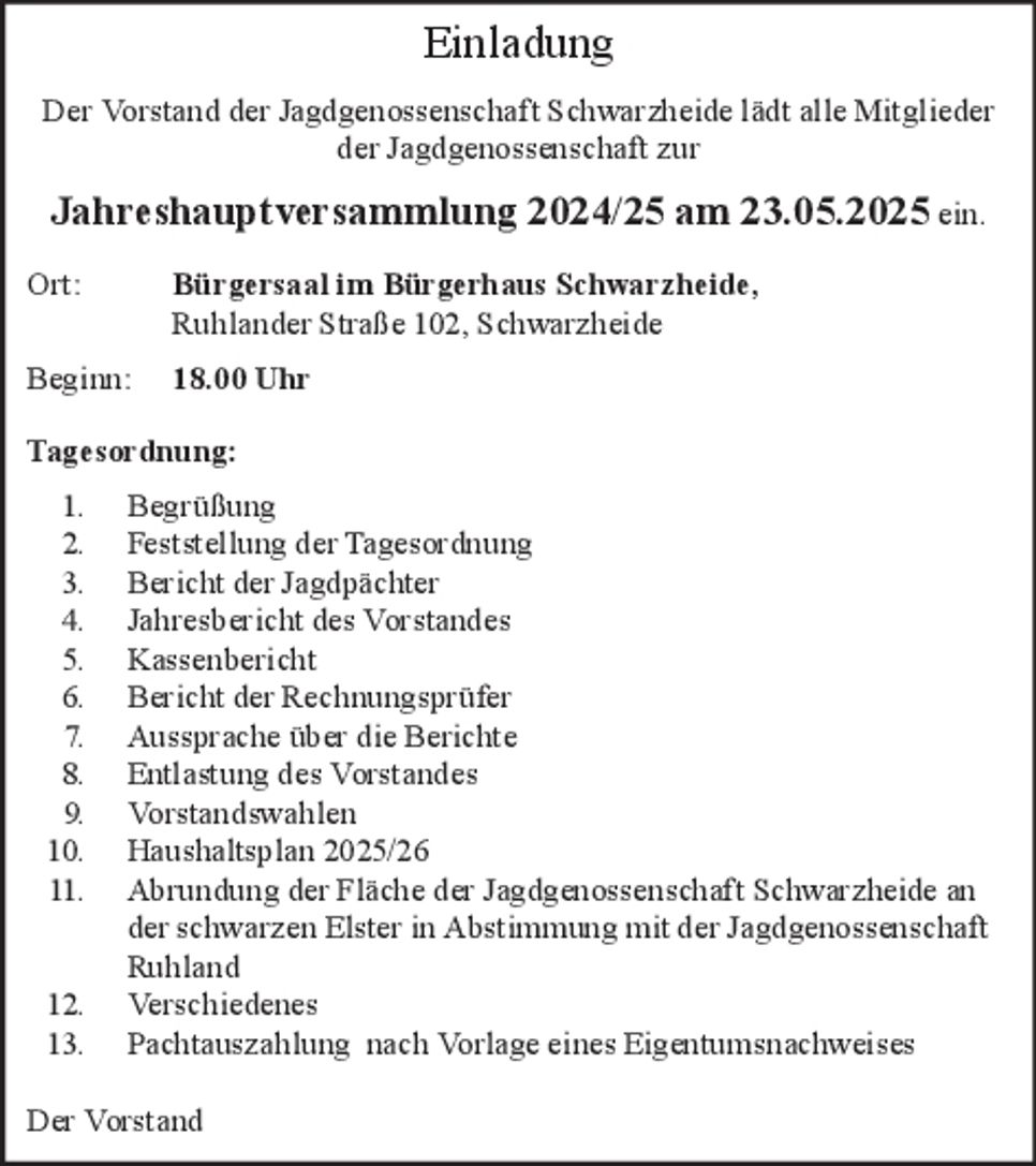 Einladung Versammlung Jagdgenossenschaft
