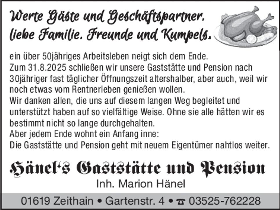 Hänel´s Gaststätte - Schließung