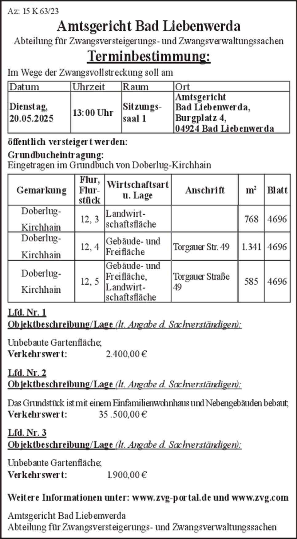 Zwangsversteigerung - Az: 15 K 63 / 23