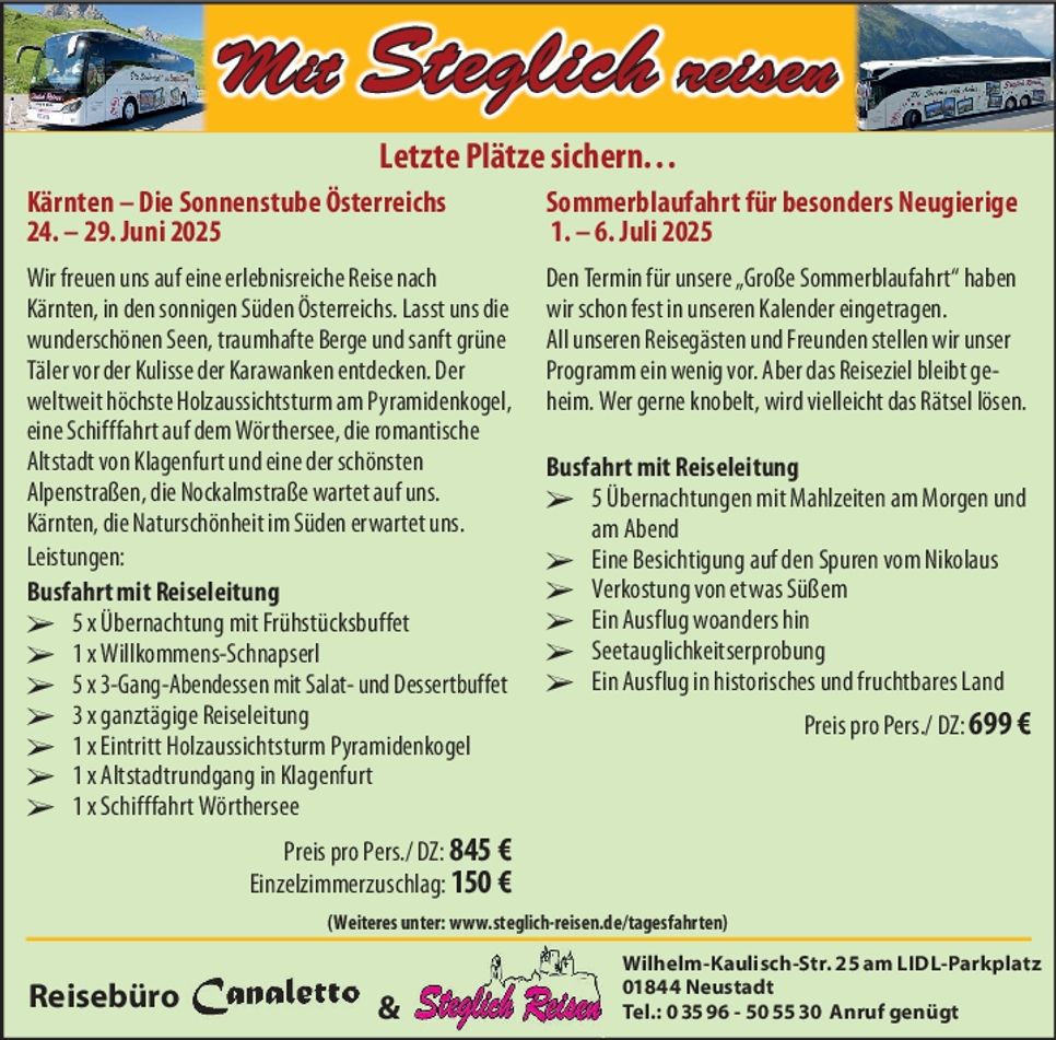 Steglich - Österreich Restplätze