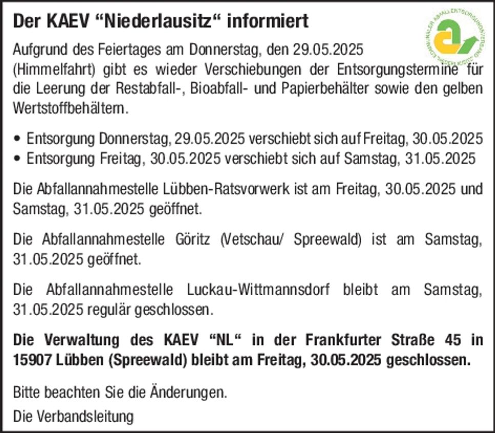KAEV Verschiebung Himmelfahrt