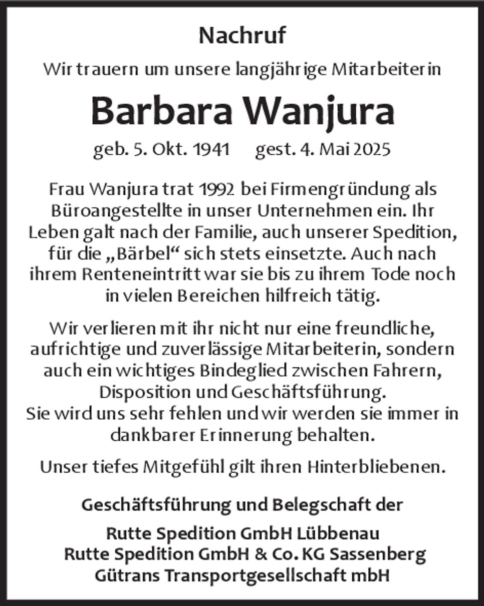 Nachruf Barbara Wanjura