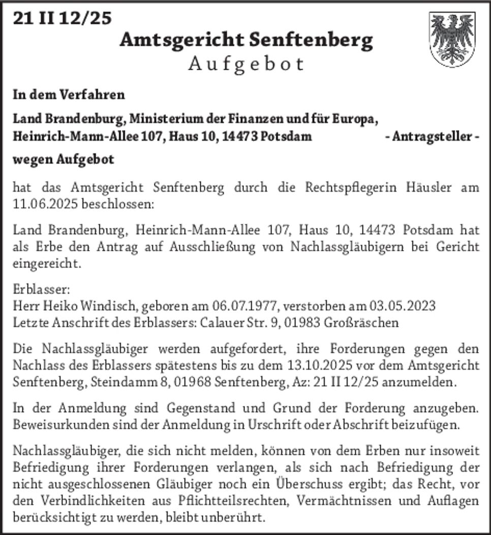 Aufgebot 21 II 12/25