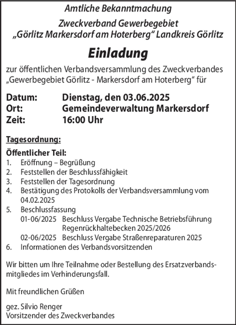 Bekanntmachung / Einladung Zweckverband