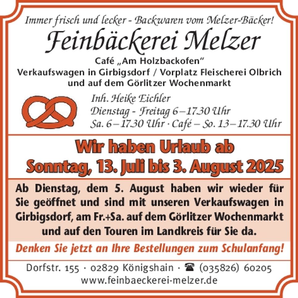 Feinbäckerei Melzer/Urlaub