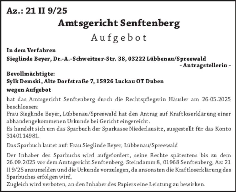 Aufgebot 21 II 9/25